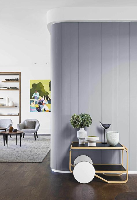 After finding a dream location, an architect set to work, turning her Sydney house into the perfect family home. Curved Wall, Curved Furniture, Curved Walls, Furniture Trends, Living Room Design, Living Wall, Blue Walls, Grey Walls, Interior Design Trends