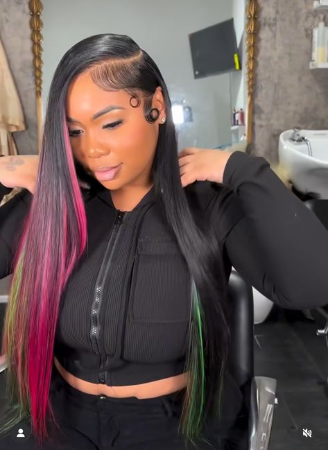 Pink Highlights Sew In, Pink And Blue Lace Front Wig, Black Weave With Pink Highlights, Quick Weaves With Color, Peak A Boo Pink Hair Color, Black And Pink Hairstyles, Color Sew In, Peekaboo Quick Weave, Quick Weave Hairstyles With Color