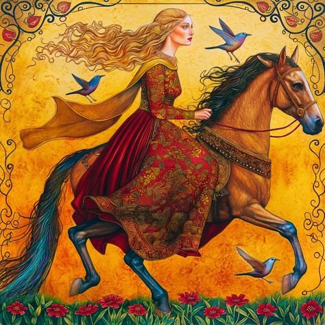 Meet Rhiannon, a brilliant, politically strategic, and beautiful woman from the Otherworld who appears in the First and Third Branch of the Mabinogi, a collection of Welsh tales. Rhiannon is associated with horses and is believed to be related to the Gaulish horse goddess Epona. She chose Pwyll, prince of Dyfed, as her consort and later married Manawydan after becoming a widow. Her adventures involving enchantments had a happy ending, with the family reunited and Dyfed restored. Her story is ... Mabinogi Aesthetic, Welsh Gods, Epona Goddess, Goddess Epona, Horse Goddess, Goddess Rhiannon, Celtic Goddesses, Welsh Goddess, The Otherworld