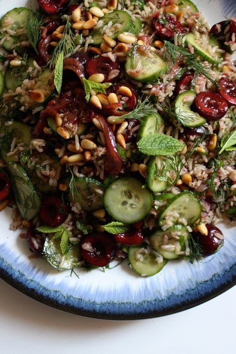 This vibrant Persian-style rice salad recipe is served with beautifully sweet cherries, pomegranate molasses and a touch of punchy sumac. Salad With Cherries, High Mood, Persian Rice, Rice Salad Recipes, Pomegranate Molasses, Rice Salad, Persian Food, Persian Style, Sweet Cherries