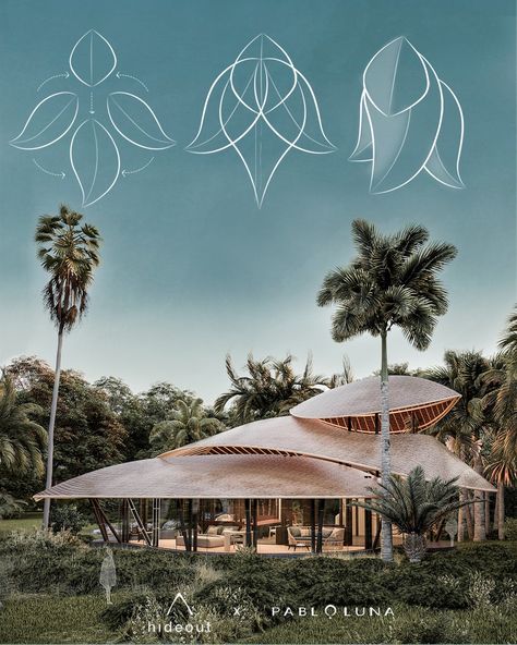 Hideout Leaf is a modern minimalist expression of biomimicry, drawing inspiration from leaves falling, creating new shapes and orientations on the forest floor. A delicate balance between modern design and the endless magic found in nature. A design collaboration between @pablolunastudio x @hideoutbali Location Karangasem, East Bali. Leaves Concept Architecture, Palm Architecture Concept, Leaf Inspired Architecture, Natural Architecture Design, Biomimicry Architecture Concept, Pavilion Design Concept Architecture, Pavilion Design Concept, Modern Pavilion Design, Pavilion Design Architecture