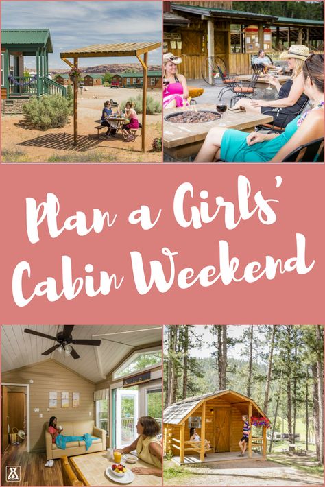 Plan a Girls' Cabin Camping Weekend! Ladies Camping Weekend, Cabin Weekend With Friends, Food For Girls Weekend, Fun Girls Weekend Ideas, Sister Weekend Ideas, Girls Cabin Trip Ideas, Birthday Cabin Weekend, Camping Girls Trip, Cabin Weekend Food