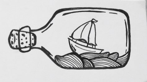 Ship in a bottle Sailboat In A Bottle Tattoo, Ocean In A Bottle Drawing, Ship In A Bottle Illustration, Boat In A Bottle Drawing, Boat In Bottle Tattoo, Salty Tattoo Ideas, Ship Sketch Simple, Ship In A Bottle Drawing, Bottle Drawing Easy