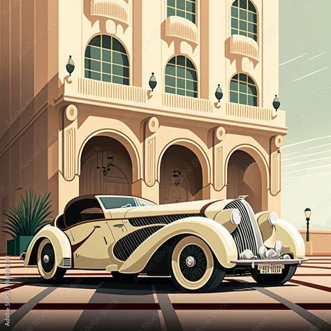 Art Deco Vehicles, Artdeco Art Design, Gatsby Artwork, Gatsby Car, 1920s Art Deco Posters, Art Deco Landscape, Art Deco Facade, Art Deco City, Art Deco Drawing