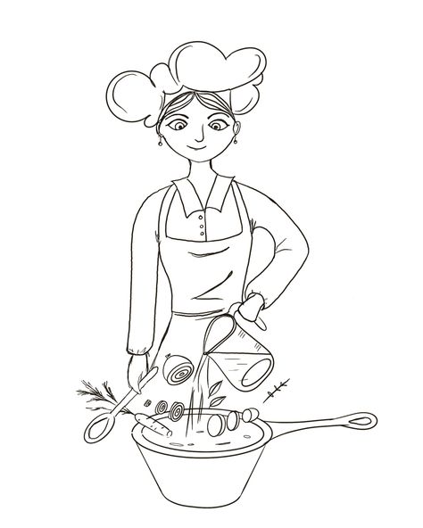 Chef Drawing Sketches, Cooking Illustration, Witch Recipes, Cooking Clipart, Family Sketch, Girl Black And White, Kitchen Witch Recipes, Cake Clipart, Family Coloring Pages