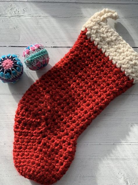 Quick Crochet Christmas Stocking - Easy Pattern - off the hook for you Pet Christmas Stocking Crochet Pattern, Crochet Christmas Stocking Bulky Yarn, Chunky Crochet Christmas Stocking, Chunky Christmas Stocking, Chunky Yarn Christmas, Quick Crochet Christmas, Super Bulky Yarn Patterns, Crochet Stocking Pattern Free, Christmas Stocking Crochet Pattern