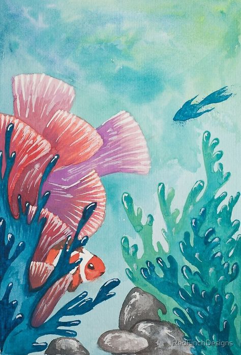 Coral Reef Painting, Reef Watercolor, Reef Painting, Coral Drawing, Underwater Drawing, Coral Painting, Coral Reef Art, Ocean Art Painting, Ocean Drawing