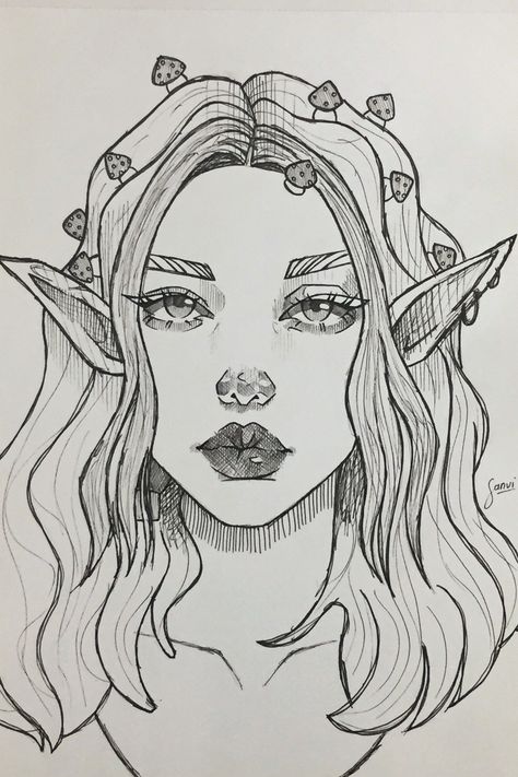 Elf Fairy Drawing, Elf Hair Drawing, Fairy Hair Drawing, Elf Face Drawing, Elf Drawings Female, Faerie Sketch, Faries Drawings Sketches, Fairy Face Drawing, Mushroom Fairy Drawing