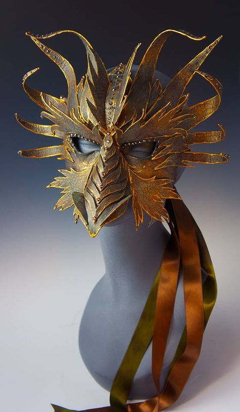 Dragon paper mask by Art of the Mask Fantasy Mask Design, Dragon Half, Dragon Paper, Bird Mask, Paper Mache Mask, Venetian Masquerade Masks, Dragon Mask, Bronze Dragon, Metal Mask