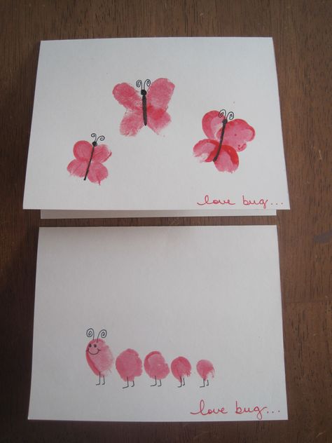 Finger print valentine cards (love bugs) Thumb Print Valentines Cards, Finger Print Valentine Crafts For Kids, Finger Print Mothers Day Crafts For Kids, Thumb Print Butterfly, Finger Print Crafts For Kids, Finger Print Art Kids, Fingerprint Valentines, Valentine Card Ideas, Fingerprint Cards