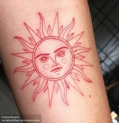 Occult Tarot, Red Tattoo, Explore Tattoo, Inner Forearm, Tattoos For Black Skin, Sun Tattoos, Stick And Poke, Sun Tattoo, Red Ink