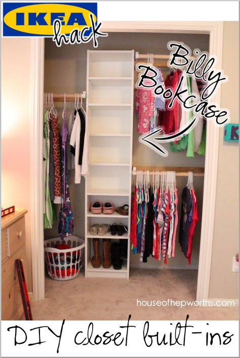 Use an IKEA Billy bookshelf in a closet for a custom built-in look with extra storage. See the full tutorial on www.houseofhepworths.com Closet Built Ins, Ikea Closet, Closet Hacks, Reach In Closet, Ikea Billy Bookcase, Kids Closet Organization, Closet Remodel, Closet Organization Diy, Billy Bookcase