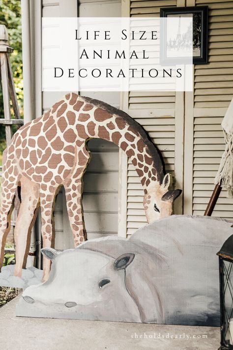 Life Size Animal Decorations by she holds dearly.com Diy Large Animal Cutouts, Zoo Animal Decorations, Safari Vacation Bible School, Zoo Vbs Decorations, Jungle Backdrop Ideas, Diy Zoo Party Decorations, Zoo Party Decorations, Diy Jungle Decorations, Diy Safari Decorations