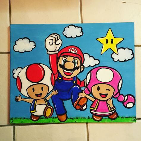 Super Mario Canvas Painting Easy, Mario Brothers Painting, Packman Painting, Mario Characters Painting, Mario Art Painting, Toad Painting Mario, Mario Acrylic Painting, Super Mario Painting Ideas, Mario Painting Ideas