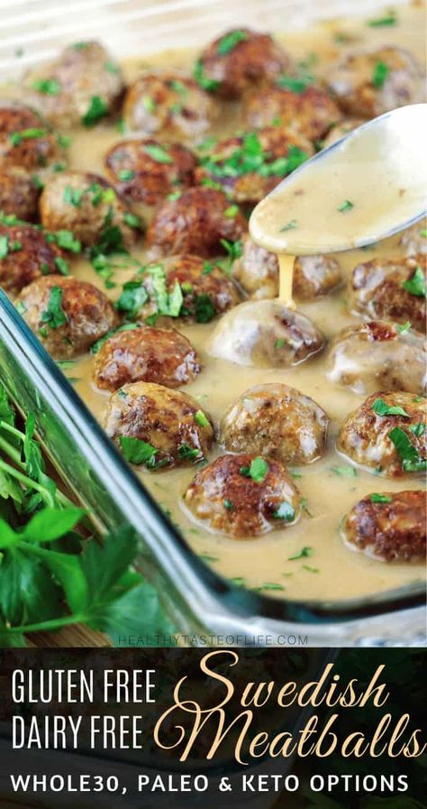 Healthy gluten free Swedish meatballs recipe (whole30, keto, paleo options) made with ground turkey and beef, oven baked and perfectly browned –served with a creamy dairy free Swedish meatballs sauce - great for a gluten free dairy free dinner, lunch or side dish. Healthier than Ikea! Dairy Free Swedish Meatballs, Swedish Meatballs Sauce, Gluten Free Swedish Meatballs, Dairy Free Gravy, Dairy Free Meatballs, Meatballs Sauce, Gluten Free Dairy Free Dinner, Swedish Meatballs Recipe, Dairy Free Sauces