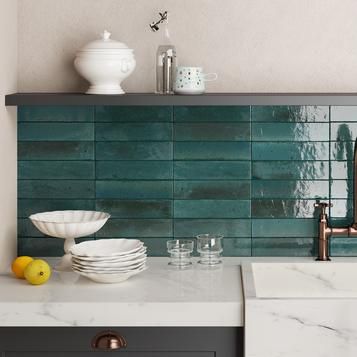 Lume: Blue Tiles for Floors and Walls - Marazzi Bathroom Cabinet Handles, Gold Cabinet Handles, Green Tiles, Gold Furniture, Kitchen Cabinet Styles, Zellige Tile, Kitchen Wall Tiles, Kitchen Cabinet Handles, Blue Tiles