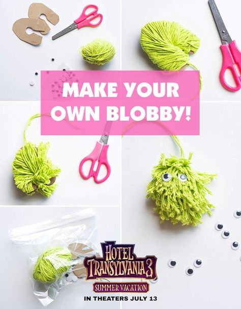 DIY Blobby Craft! | This easy yarn craft is inspired by Hotel Transylvania 3: Summer Vacation! Keep kids busy this summer, either at home or on the road, with a fangtastic activity pack full of crafts and surprises! Find the tutorial on the Mami Talks blog. | More staycation ideas? Take the kids to see Hotel Transylvania 3: Summer Vacation on July 13! #HotelT3 #kidsmovie #familymovie #movienight #kidscraft #activities @darielacruz #AD Hotel Transylvania Birthday, Hotel Transylvania Party, Mami Talks, Kids Travel Activities, Easy Yarn Crafts, Staycation Ideas, Keep Kids Busy, Activity Bags, Stem Crafts