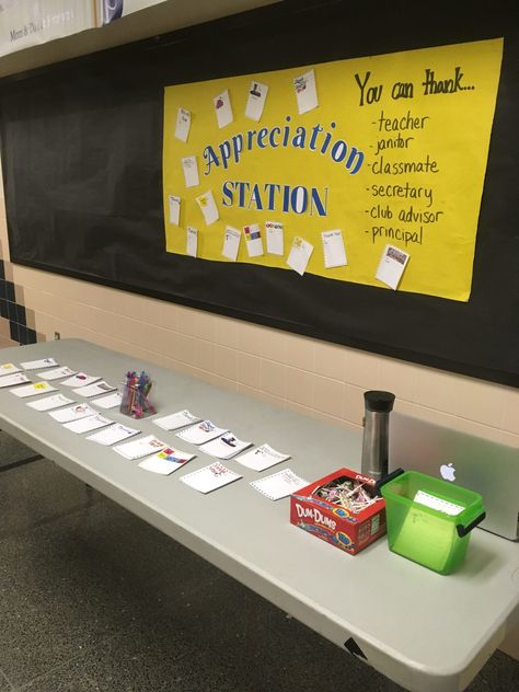 Blog post on how to create an appreciation station at your school. Students and faculty write thank-you notes which are posted on the bulletin board for everyone to see. Great idea for PBIS! Student Recognition Ideas High School, Hosa Week Ideas, Student Council Activities, Appreciation Station, Counselor Appreciation, Teacher Morale, Staff Appreciation Week, Positive Environment, Staff Morale