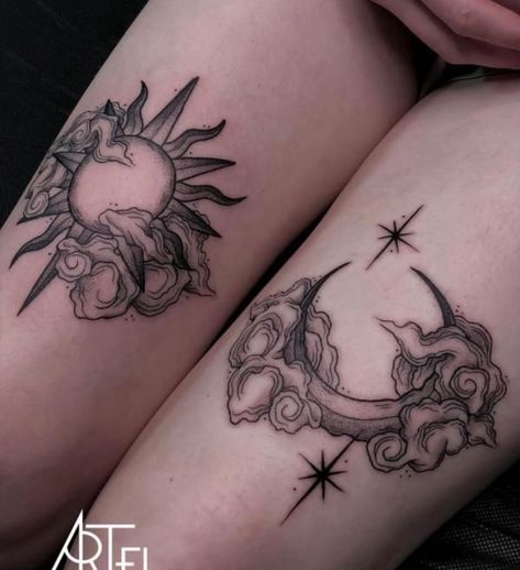 Matching Tattoos Back Of Arm, Sun Moon Lovers Tattoo, Matching Cool Tattoos, Sun And Tattoo Moon, Tattoo Ideas Back Of Leg, Color Sun And Moon Tattoo, Witchy Sun And Moon Tattoo, Moon Themed Tattoos, The Sun And The Moon Tattoo