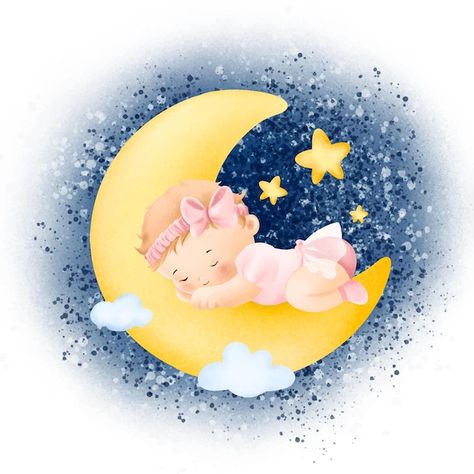 Watercolor baby girl sleeping on the moo... | Premium Vector #Freepik #vector #watercolor-stars #baby-moon #watercolor-moon #cute-moon Sleeping On The Moon, Baby Boy Background, Boy Sleeping, Baby Boy Art, The Moo, Boy Frame, Baby Scrapbook Album, Cow Baby Showers