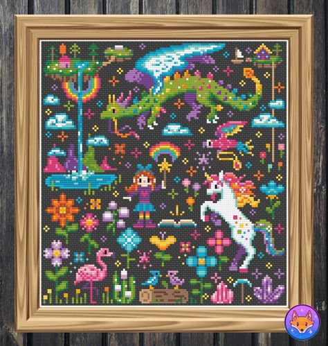 Unicorn Cross Stitch, Lisa Frank Cross Stitch, Cross Stitch Lisa Frank, Last Unicorn Cross Stitch, Unicorn Cross Stitch Pattern, Fantasy Cross Stitch, Rainbow Magic, Modern Embroidery, Hama Beads