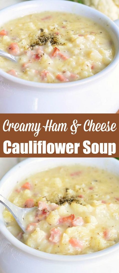 Cheese Cauliflower Soup, Ham And Cheese Soup, Easy Cauliflower Soup, Healthy Ham, Ham Chowder, Cauliflower Potato Soup, Cheese Cauliflower, Ham Soup Recipes, Ham Potato