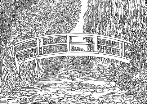 Coloring page created from 'The Water Lily Pond' (1899) by Claude Monet. In 1893, Monet, painter but also passionate horticulturist, purchased land with a pond near his property in Giverny (France), intending to build something 'for the pleasure of the eye and also for motifs to paint'. The result was his water-lily pond. Claude Monet Sketch, Monet Sketches, Monet Coloring Pages, Water Lily Tattoos, Art Andy Warhol, Giverny France, Claude Monet Water Lilies, Garden Coloring Pages, People Coloring Pages