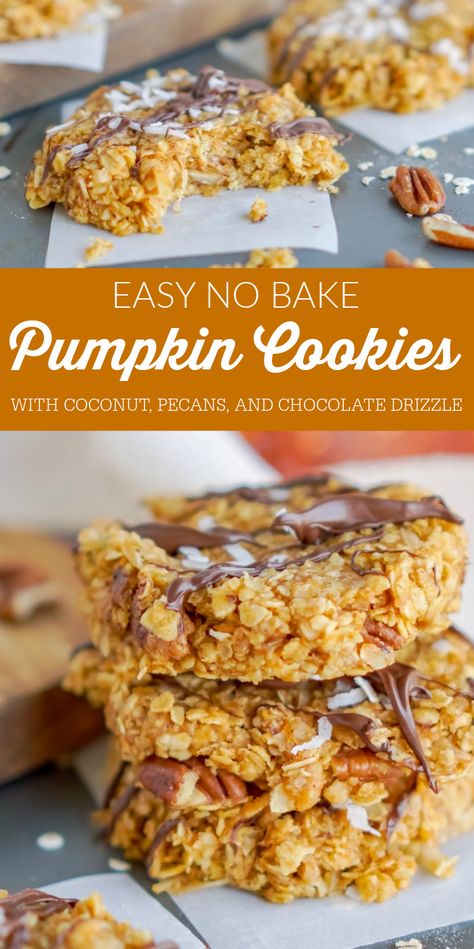 The BEST Pumpkin No Bake Cookies for Fall and Thanksgiving! Amazing Pumpkin Spice No Bake Cookies with Coconut, Pecans, and Chocolate Drizzle! A Crowd Favorite that tastes just like Fall! #lemonpeony #pumpkin #spice #pumpkinspice #nobakecookies #nobake #pumpkincookies #fallcookies No Bake Pumpkin Cookies, Candy Corn Fudge Recipe, Pumpkin No Bake Cookies, Cookies For Fall, Pumpkin Cookies Easy, 4th Of July Dessert, Cozy Decor Ideas, No Bake Pumpkin, Fall Recipes Pumpkin