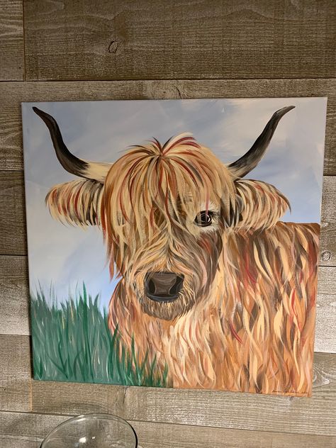 Highland Cow Painting Easy, Horse Paintings Acrylic, Painting With Acrylic Paint, Farm Animal Painting, Highland Cow Painting, Rustic Painting, Antler Crafts, Farmhouse Paintings, Rooster Painting