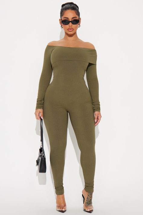 Available In Taupe, Heather Grey, And Olive. Ribbed Jumpsuit Long Sleeve Off Shoulder Legging Stretch 90% Rayon 10% Spandex Imported | Clarisse Ribbed Jumpsuit in Olive Green size 1X by Fashion Nova Green Bodysuit Outfit, Ribbed Outfit, Uzun Boy, Ribbed Jumpsuit, Olive Green Jumpsuit, Muscle Mommy, Jumpsuit Long Sleeve, Olive Fashion, Gal Gadot Wonder Woman