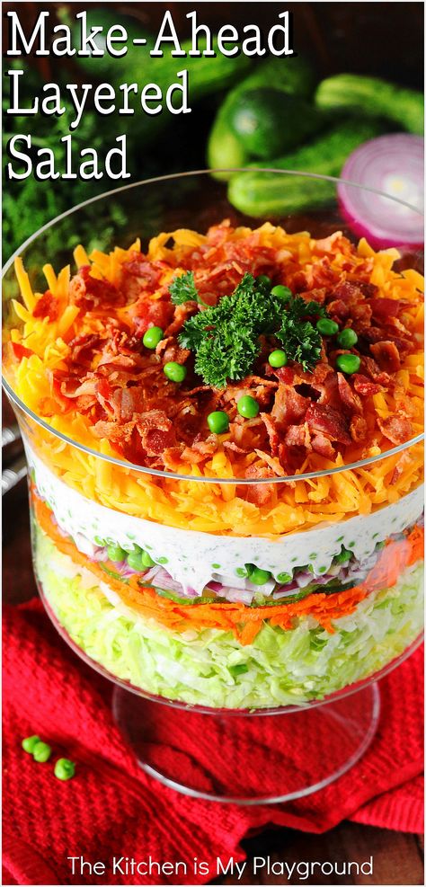 Make-Ahead Layered Salad in a glass trifle bowl Salad For A Crowd, Easy Campfire Meals, Camping Cooking Equipment, 7 Layer Salad, Layered Salad Recipes, Camping Hacks Food, Salads For A Crowd, Layered Salad, Easy Camping Meals