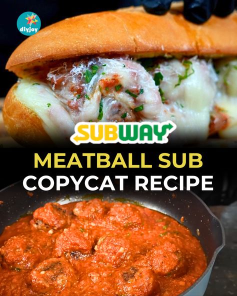 Make the best-tasting meatball sub at home with this Subway copycat recipe! It is packed with cheese, meatballs, and marinara sauce. Homemade Meatballs For Subs, Subway Meatball Marinara Recipe, Subway Meatball Sub Recipe, Submarine Sauce Recipe, Meatball Subs Recipes, Subway Recipes, Meatball Marinara Sub, Meatballs And Marinara Sauce, Subway Copycat