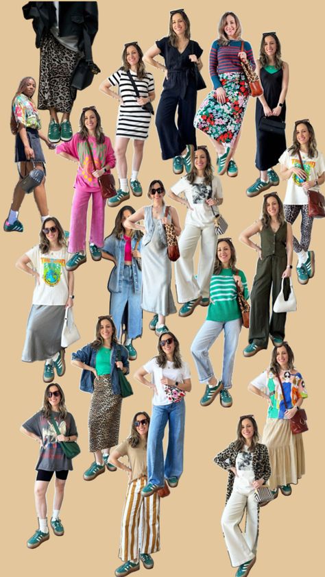 Collage or various different women wearing spring and summer outfits with green Adidas gazelle sneakers. Green Adidas Shoes Outfit, Adidas Outfit Summer, Green Adidas Gazelle, Adidas Gazelle Green, Green Shoes Outfit, Platform Sneakers Outfit, Adidas Gazelle Outfit, Platform Outfit, Adidas Gazelle Bold