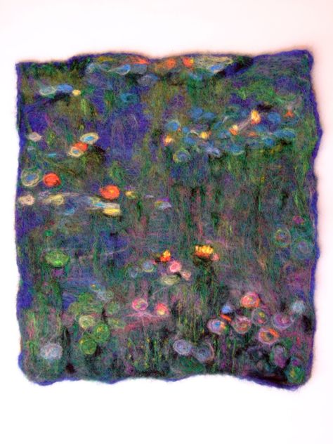 dscf0650-waterlilies Painting Monet, Tovad Ull, Wool Painting, Felt Wall Hanging, Baby Mobil, Felted Wool Crafts, Craft Books, Recycled Sweaters, Felt Pictures