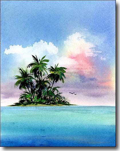 Tropical Island card. Island Watercolor Paintings, Tropical Island Painting, Island Art Tropical, Tropical Watercolor Paintings, Island Painting Ideas, Drawing Island, Watercolor Island, Island Drawing, Island Watercolor