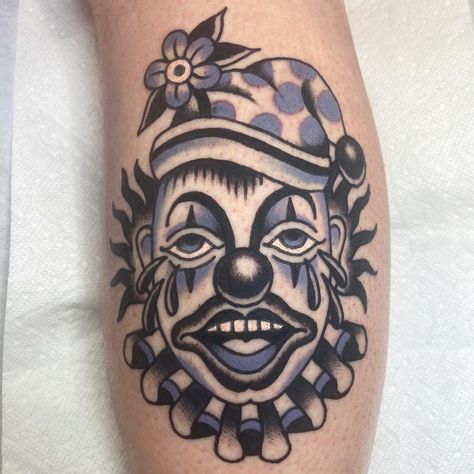 American Traditional Jester Tattoo, Trad Clown Tattoo, American Traditional Clown Tattoo, Clown Tattoo Traditional, Clown Traditional Tattoo, American Traditional Clown, Chicano Clown Tattoo, Clowns Tattoo, Traditional Clown Tattoo