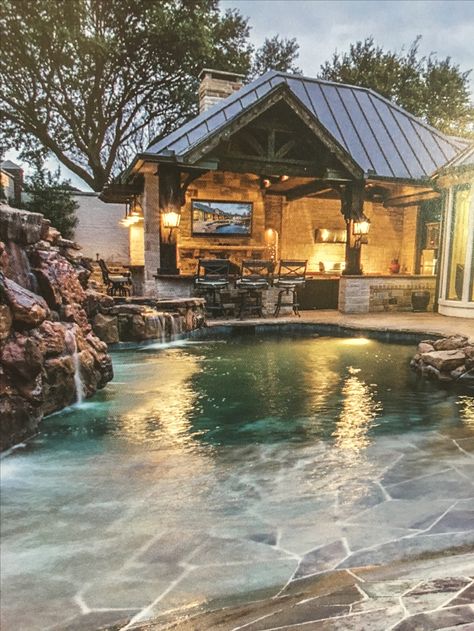 Mountain Hot Tub Ideas, Backyard Pool And Bbq Area, Rustic Pool Landscaping, Country Home Pool, Ranch Pool Ideas, Barndominium Pool Ideas, Modern Farmhouse Backyard Pool, Barndominium Backyard, Cozy Pool Area