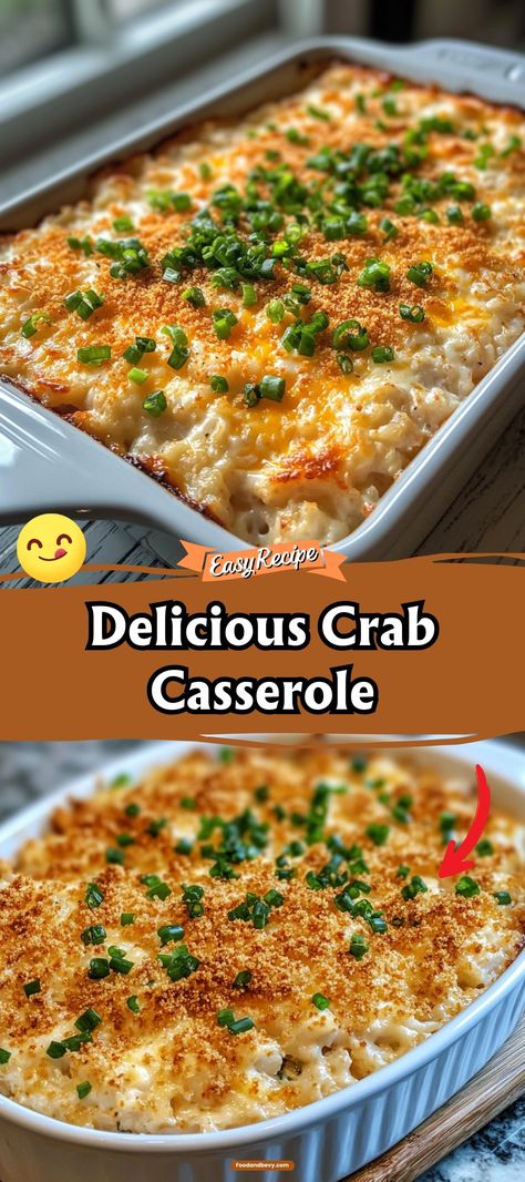 Indulge in the rich and creamy flavors of Crab Casserole, a luxurious blend of tender crab meat, cheese, and herbs baked to golden perfection. This elegant dish is perfect for special occasions or as a comforting weeknight treat. Enjoy the delicate flavors that make every bite a seafood delight. #CrabCasserole #SeafoodDinner #GourmetMeal Crab Souffle Recipes, Seafood Mac And Cheese Crab Meat, Crab Pasta Dishes, Dishes With Crab Meat, Crab Shrimp Casserole, Easy Seafood Casserole, Seafood And Rice Casserole Recipes, Easy Seafood Dishes, Crab Cake Casserole Recipes