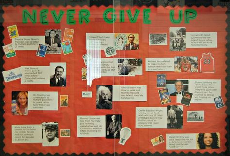 Never Give Up bulletin board...highlights famous people who "failed" but never gave up and achieved success. Complements growth mindset lessons. Famous Failures Bulletin Board, Up Bulletin Board, Counseling Bulletin Boards, Famous Failures, Growth Mindset Display, Growth Mindset Lessons, High School Bulletin Boards, Elementary School Counselor, Habits Of Mind