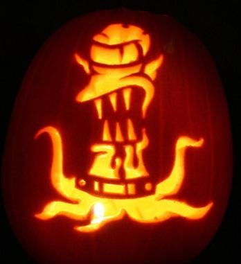 pumpkin carvings the simpsons alien 1 Pumpkin Carving Simpsons, Pumkin Carving Alien, Little Shop Of Horrors Pumpkin Carving, Simpsons Pumpkin Carving, Simpsons Pumpkin, Alien Pumpkin Carving Ideas, Movie Character Pumpkins, Pumpkin Carving Bat, Alien Pumpkin