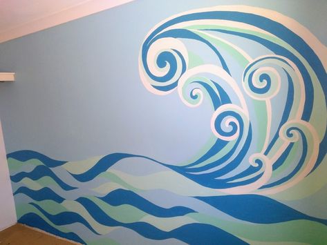 Beach Mural Painted, Water Mural, Surfer Girl Bedroom, Bedroom Paint Design, Pool Painting, Wave Paintings, Ocean Mural, Pool Paint, Beach Mural