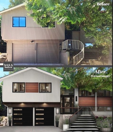 VIRTUAL EXTERIOR DESIGN on Instagram: “Where do you put the wood accents? Balance can happen even with asymmetry. Let us help! #virtualexteriordesign” Split Level House Exterior Modern, Modern Split Level Exterior, Brick And Weatherboard, Modern Split Level, Split Level House Exterior, Split Level Remodel Exterior, Split Level Exterior, Just Bought A House, Split Level Remodel