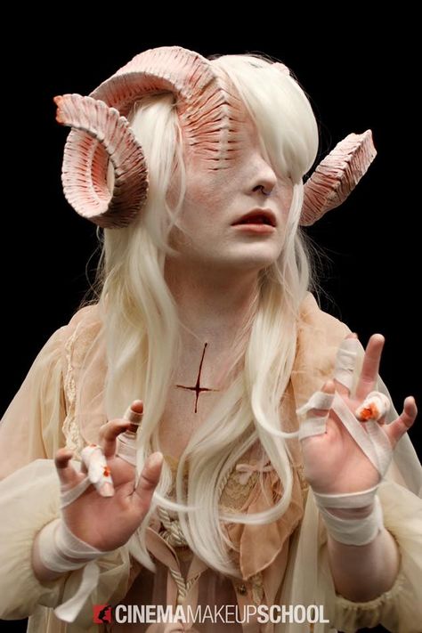 Halloween Horns Makeup, Monster Concept Art Female, Goat Costume Diy, Yaelokre Oc Ideas, Lamb Character Design, Characters With Horns, Half Goat Half Human, Goat Makeup, Horn Reference