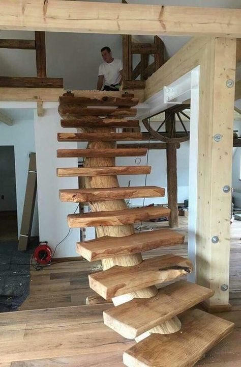 Rustic Staircase, Rustic Stairs, Hardwood Stairs, Stairway Design, Stair Case, Wooden Stairs, In Front Of House, House Stairs, Front Of House