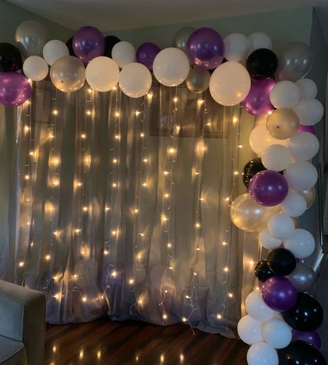 Purple Black White Birthday Decor, Purple Black And White Birthday Party Decorations, White And Purple Decorations Party, Bachelorette Purple Theme, Purple And Black Themed Party, Purple And White Decorations Birthday, Purple White Birthday Decor, Purple White Gold Party, Purple Pink And Black Birthday Party