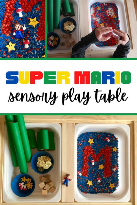 Super Mario Sensory Play Table Super Mario Sensory Bin, Mario Preschool Activities, Mario Sensory Bin, Mario Bros Activities, Super Mario Movie Night, Super Mario Activities For Kids, Mario Movie Night, Mario Activities For Kids, Super Mario Activities