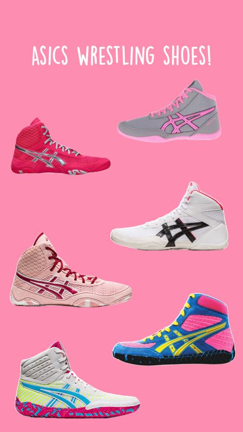 These are ASICS wrestling shoes, each shoe section like a stairway, with mixes of hot pink and multiple colors! Muted or bright. The background is a light peachy pink with writing at the top, ‘ASICS wrestling shoes!’ Shoes Collage, Asics Wrestling Shoes, Pink Asics, Sports Attire, Wrestling Shoes, Wrestling Wwe, Money And Happiness, Wwe, Athletic Shoes