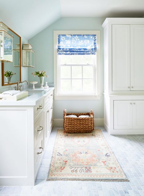 Blue and White Is Always Right: See Inside This Family-Friendly Dallas Home  | Southern Living Colorful Decorating Ideas, Blue Tile Floor, Amy Berry, Hyannis Port, Long Living Room, Craftsman Home, Marble Tile Floor, Future Home, Custom Cushions