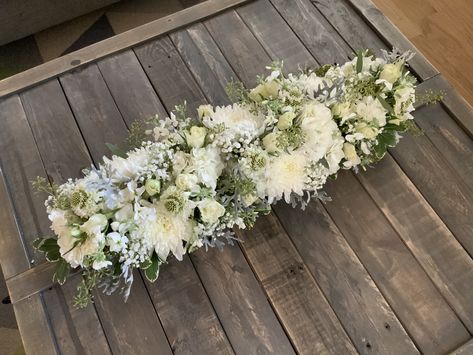 Long Low Centerpieces, Rectangular Floral Arrangements, Rectangular Flower Arrangements, Low Flower Arrangements For Table, Long Centerpieces, Moms 60th, White Wedding Centerpieces, Rectangle Vase, Home Flower Arrangements