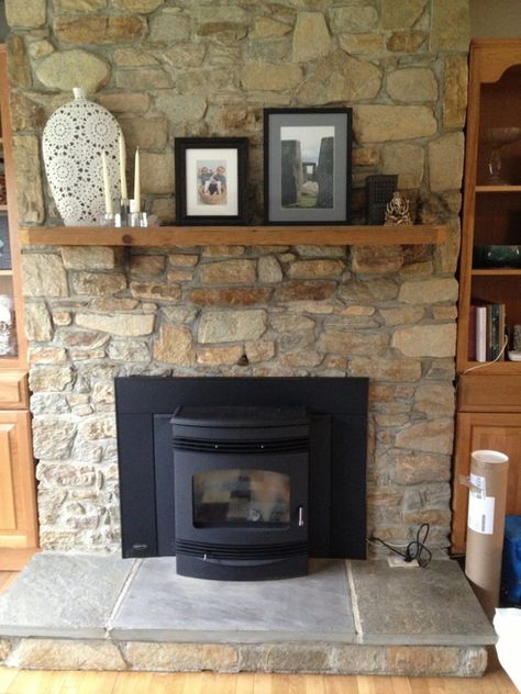 Fireplace evolution: why we chose a pellet stove Pellet Stove Fireplace Insert, Pellet Fireplace Insert, Pellet Stove Hearth, Wood Stove Insert, Wood Burning Stove Insert, Inside Fireplace, Rv Wood Stove, Pellet Fireplace, Stove Wall